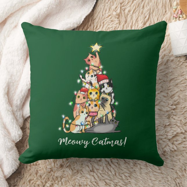 Cute Meowy Catmas Cats Christmas Tree Green Cushion (Blanket)