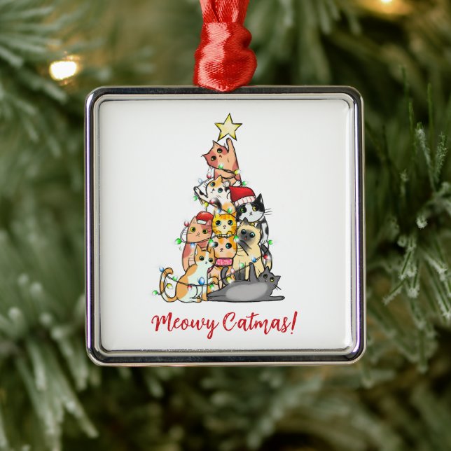 Cute Meowy Catmas Cats Christmas Tree Metal Ornament (Tree)
