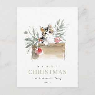 Cute Meowy Christmas Box Cat Corporate Logo Holiday Postcard