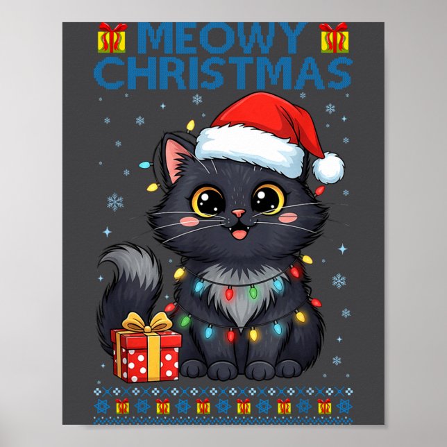 Cute Meowy Christmas Cat – Kawaii Holiday Kitty Te Poster (Front)