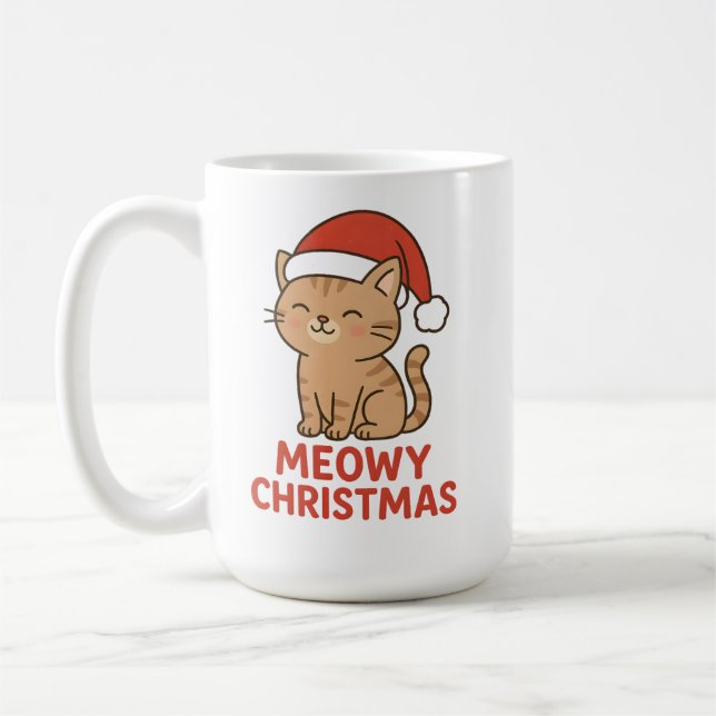 Cute Meowy Christmas Cat Santa Hat Coffee Mug (Left)