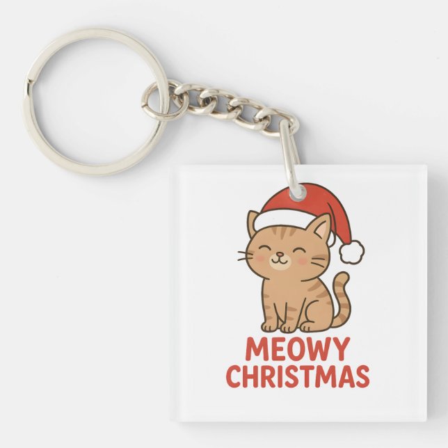 Cute Meowy Christmas Cat Santa Hat Key Ring (Front)