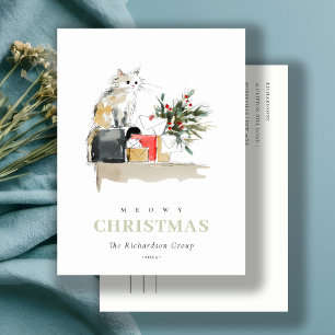 Cute Meowy Christmas Gift Cat Corporate Logo Holiday Postcard