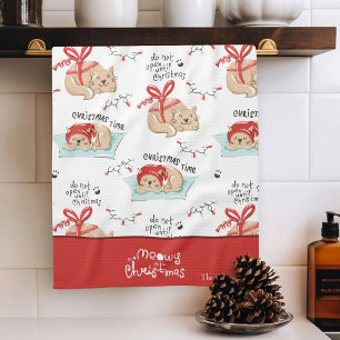 Cute Meowy Christmas Kitty Cat Pattern Tea Towel