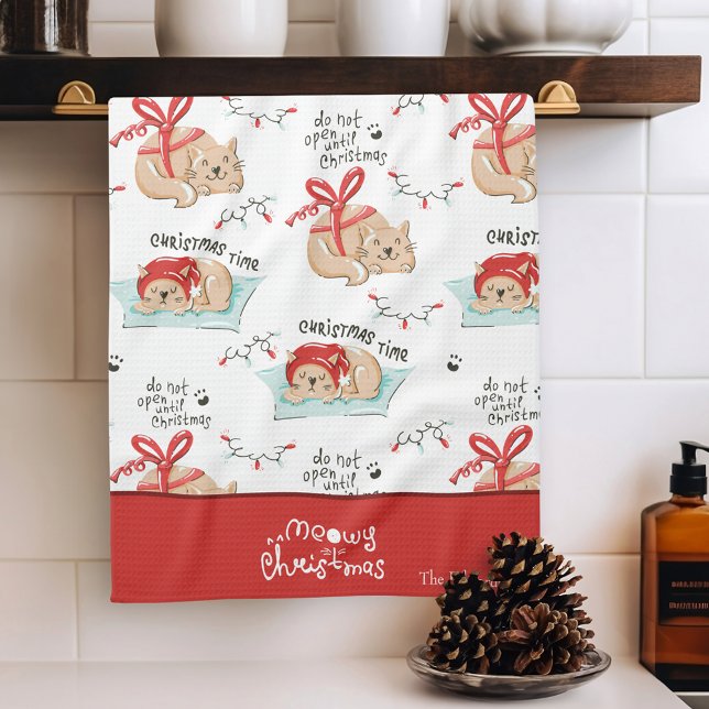 Cute Meowy Christmas Kitty Cat Pattern Tea Towel (Creator Uploaded)