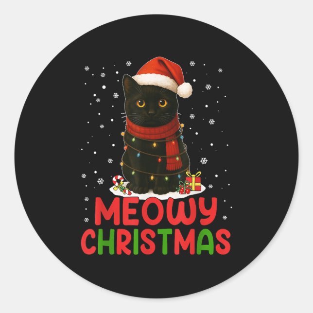 Cute Meowy Christmas Santa Hat Funny Black Cat Men Classic Round Sticker (Front)