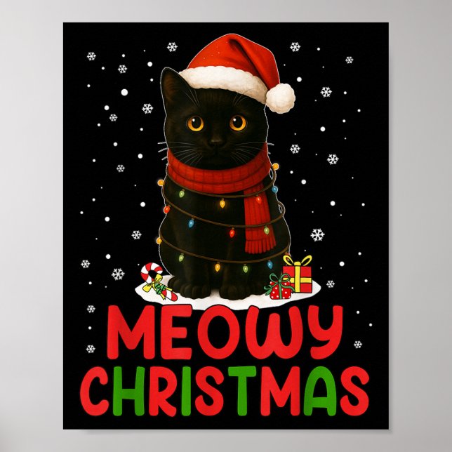Cute Meowy Christmas Santa Hat Funny Black Cat Men Poster (Front)
