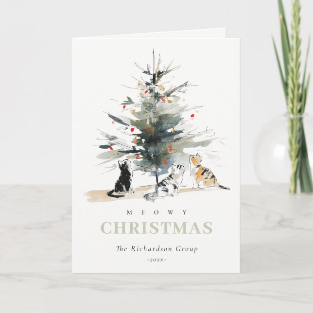 Cute Meowy Christmas Tree Cats Corporate Logo Holiday Card (Front)