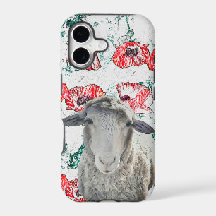 Cute Merino Sheep Animal Red Poppy Flowers