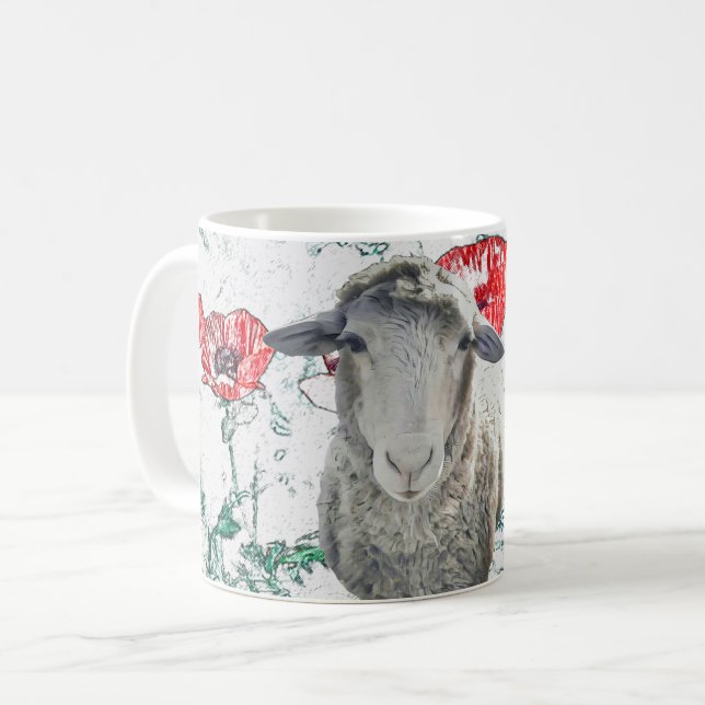 Cute Merino Sheep Animal Red Poppy Flowers Coffee Mug (Front Left)