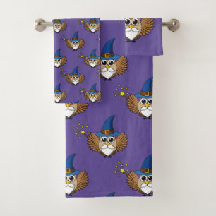 Cute Merlin the Wizard Owl Cartoon Bath Towel Set