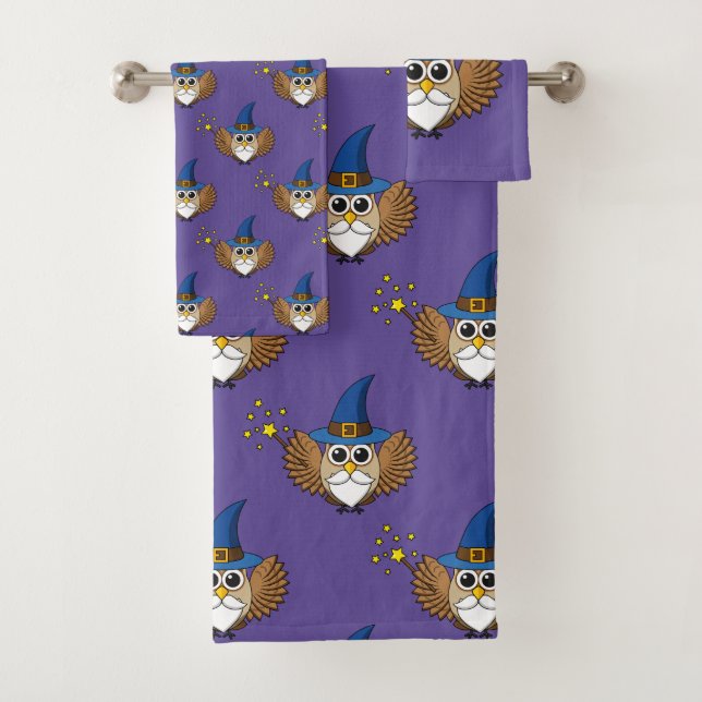 Cute Merlin the Wizard Owl Cartoon Bath Towel Set (Insitu)