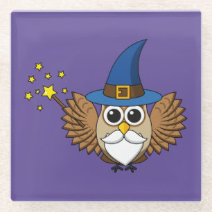 Cute Merlin the Wizard Owl Cartoon Glass Coaster
