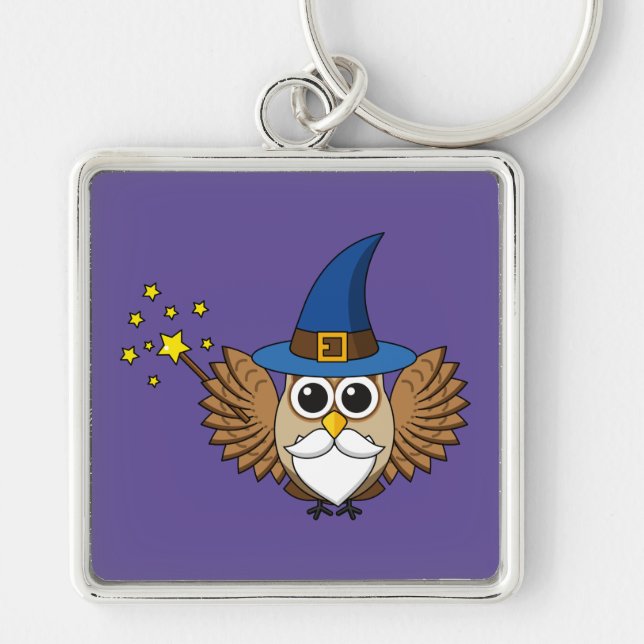 Cute Merlin the Wizard Owl Cartoon Key Ring (Front)