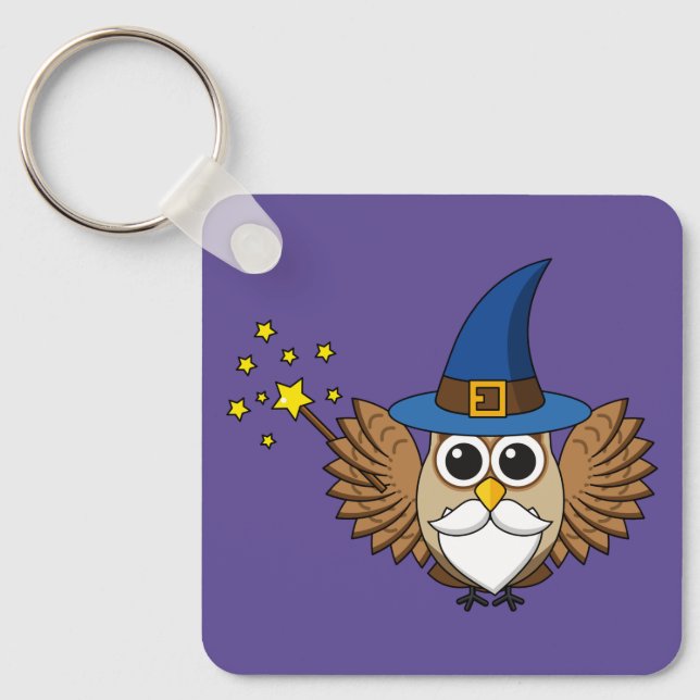 Cute Merlin the Wizard Owl Cartoon Key Ring (Front)
