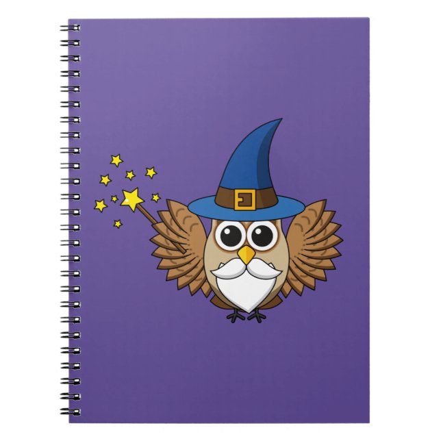 Cute Merlin the Wizard Owl Cartoon Notebook (Front)