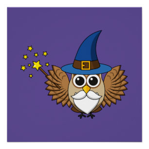 Cute Merlin the Wizard Owl Cartoon Poster