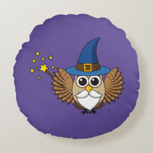 Cute Merlin the Wizard Owl Cartoon Round Cushion