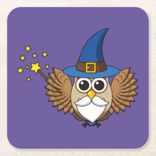 Cute Merlin the Wizard Owl Cartoon Square Paper Coaster