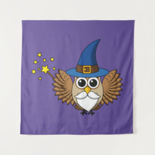 Cute Merlin the Wizard Owl Cartoon Tapestry