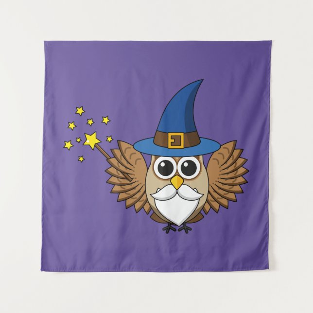 Cute Merlin the Wizard Owl Cartoon Tapestry (Front)