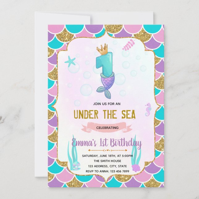 Cute mermaid 1st birthday  invitation (Front)