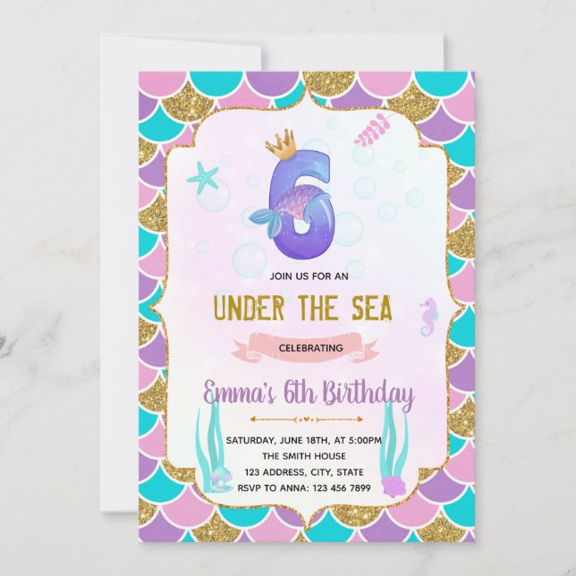 Cute mermaid 6th birthday  invitation (Front)