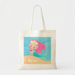 Cute mermaid add name girls beach tote