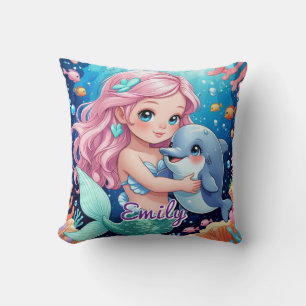 Cute Mermaid and Dolphin Square Pillow – Editable 
