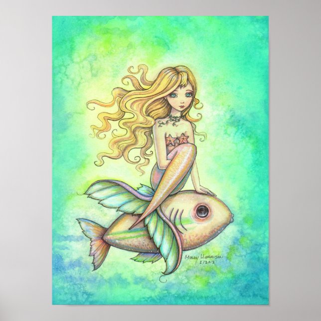 Cute Mermaid and Fish Fantasy Art Painting Poster (Front)