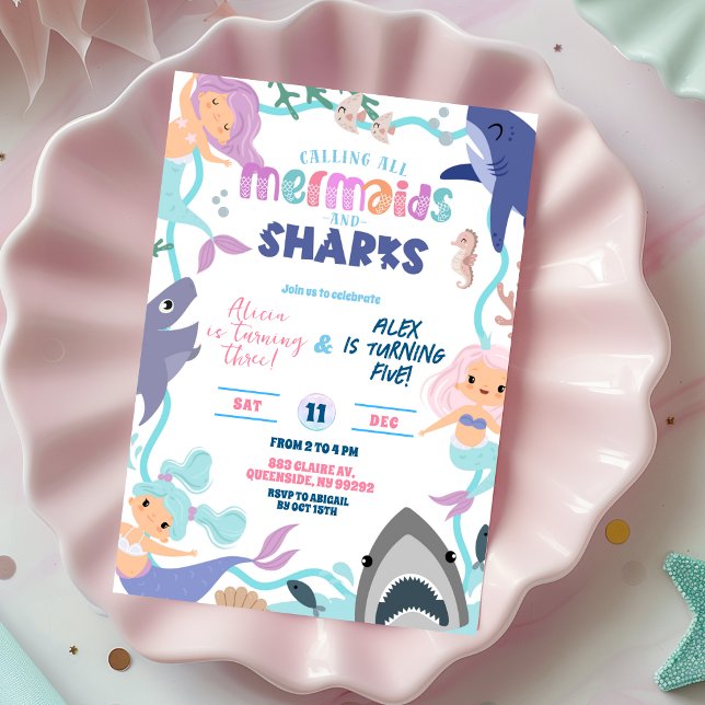 Cute Mermaid and Sharks Joint Birthday invitation (Creator Uploaded)