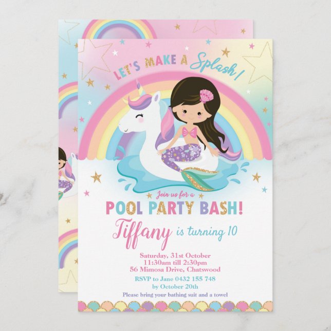 Cute Mermaid and Unicorn Floatie Pool Birthday  In Invitation (Front/Back)