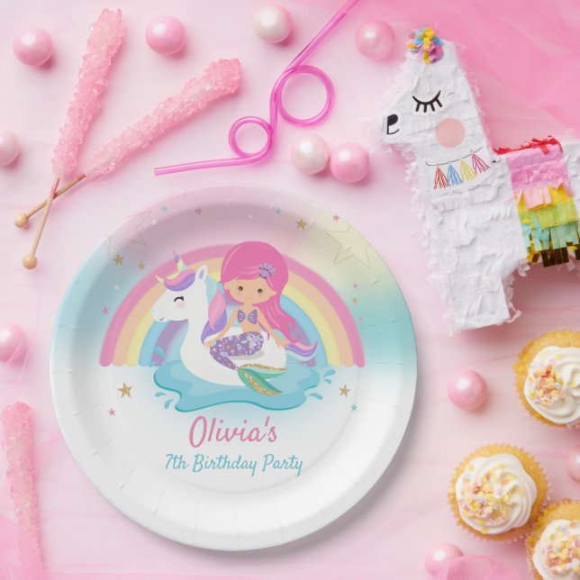 Cute Mermaid and Unicorn Pool Birthday Party  Paper Plate (Party)