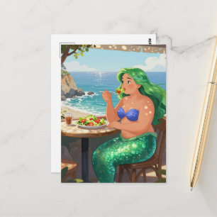 Cute Mermaid at the Cafe Eating Salad Fantasy Postcard