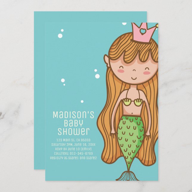 Cute Mermaid Baby Shower Invitation (Front/Back)