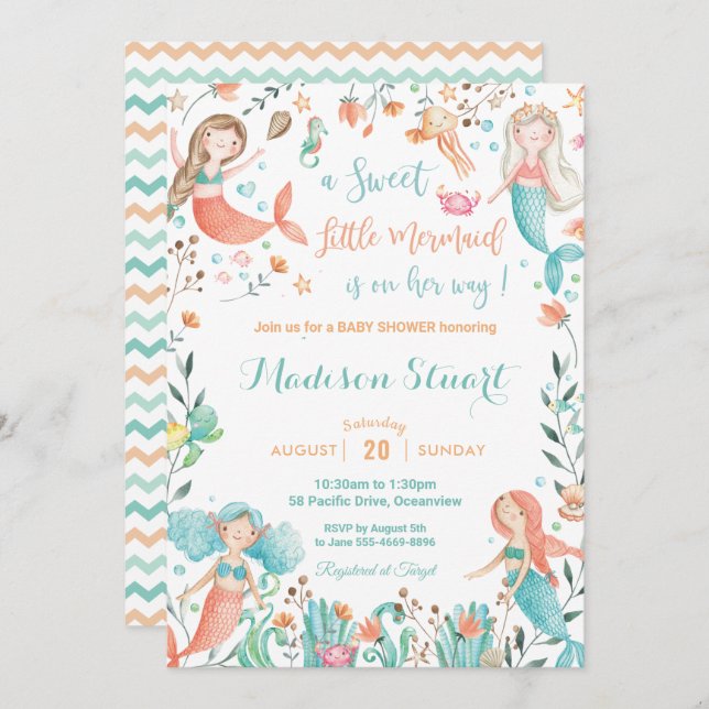 Cute Mermaid Baby Shower Under the Sea Baby Girl Invitation (Front/Back)