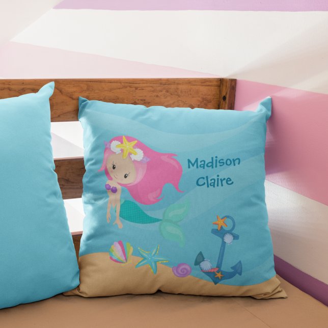 Cute Mermaid Beach Girl Beach House Kids Room Cushion (Creator Uploaded)