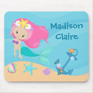 Cute Mermaid Beach Girl Pink Hair Custom Kids Mouse Pad