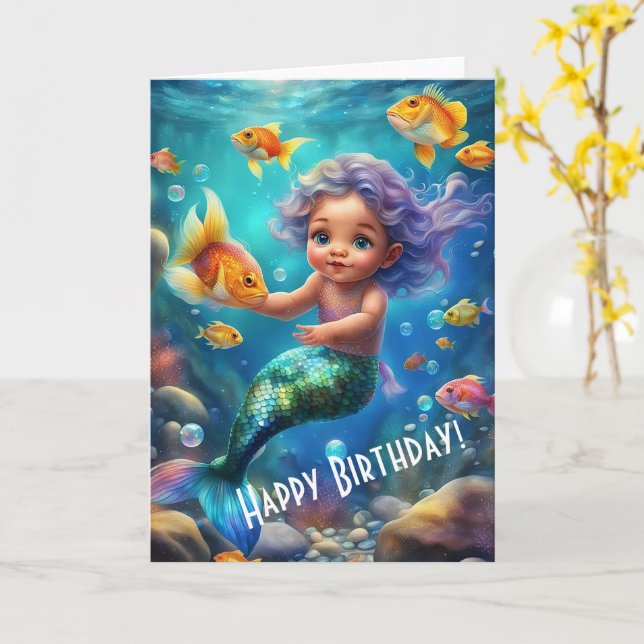 Cute Mermaid Birthday  Card (Yellow Flower)