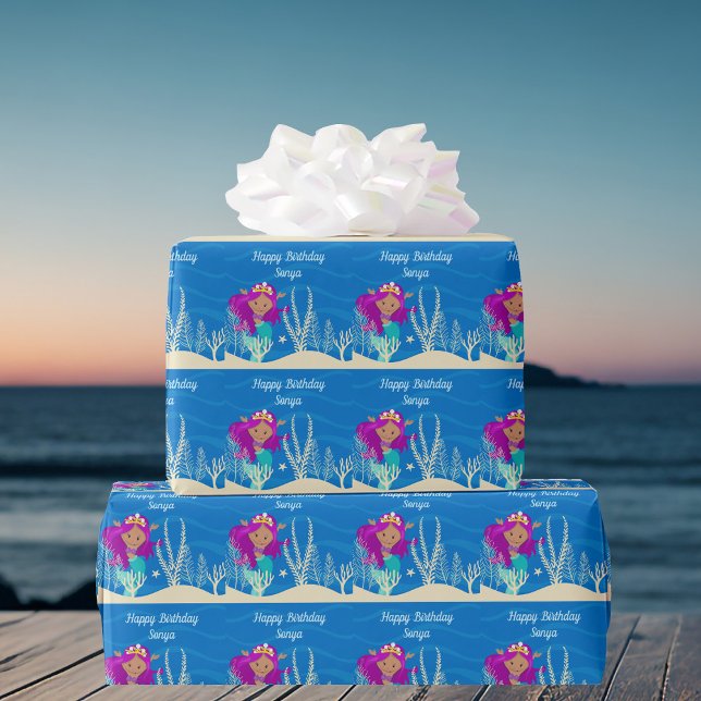 Cute Mermaid Birthday Girl Custom Blue Ocean Wrapping Paper (Creator Uploaded)