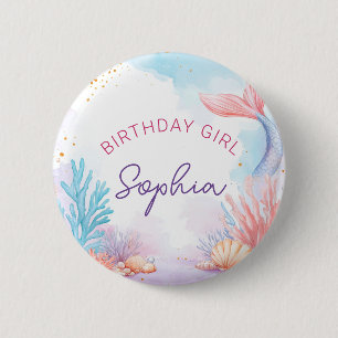 Cute Mermaid Birthday Girl Personalized Party  6 Cm Round Badge