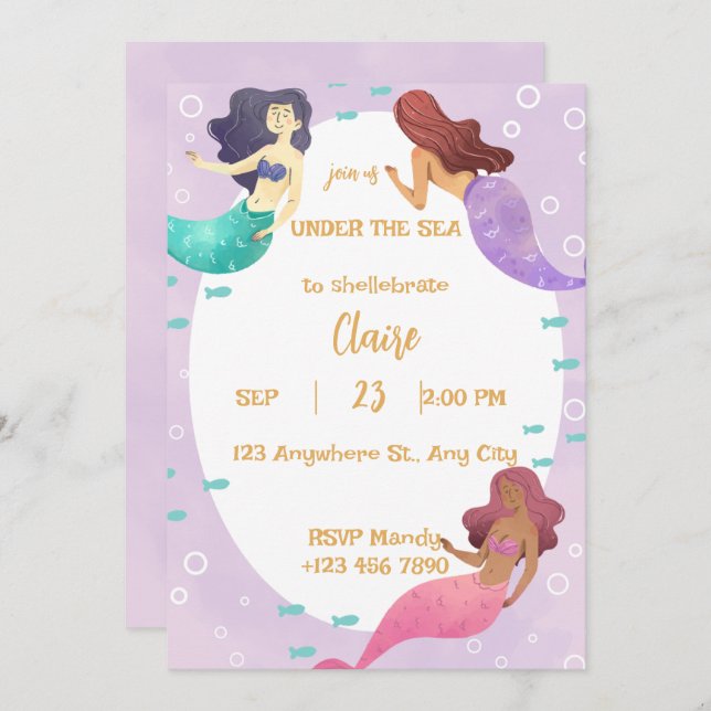 Cute Mermaid Birthday Invitation (Front/Back)