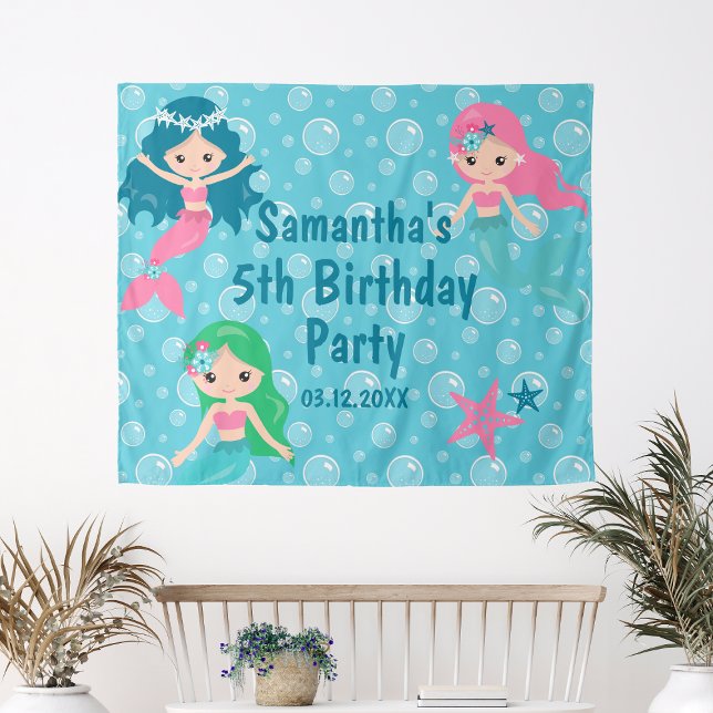 Cute Mermaid Birthday Party Backdrop Tapestry (Cute Mermaid Birthday Party Backdrop
)