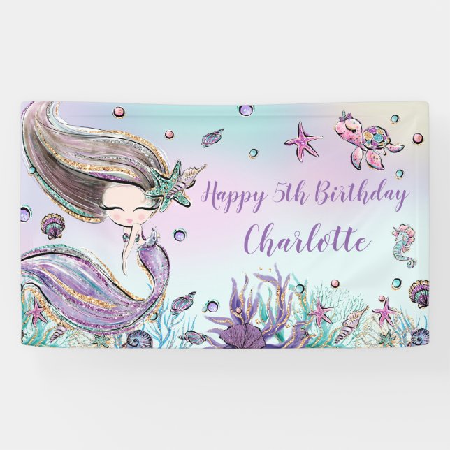 Cute Mermaid Birthday Pool Party Backdrop Welcome Banner (Horizontal)