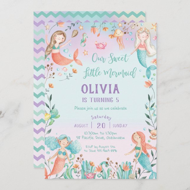 Cute Mermaid Birthday Rainbow Under the Sea Invitation (Front/Back)