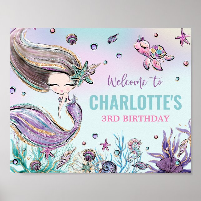 Cute Mermaid Birthday Under the Sea Pool Welcome Poster (Front)