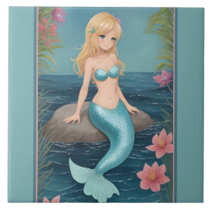 Cute Mermaid - Blonde Cartoon girl with blue tail Ceramic Tile