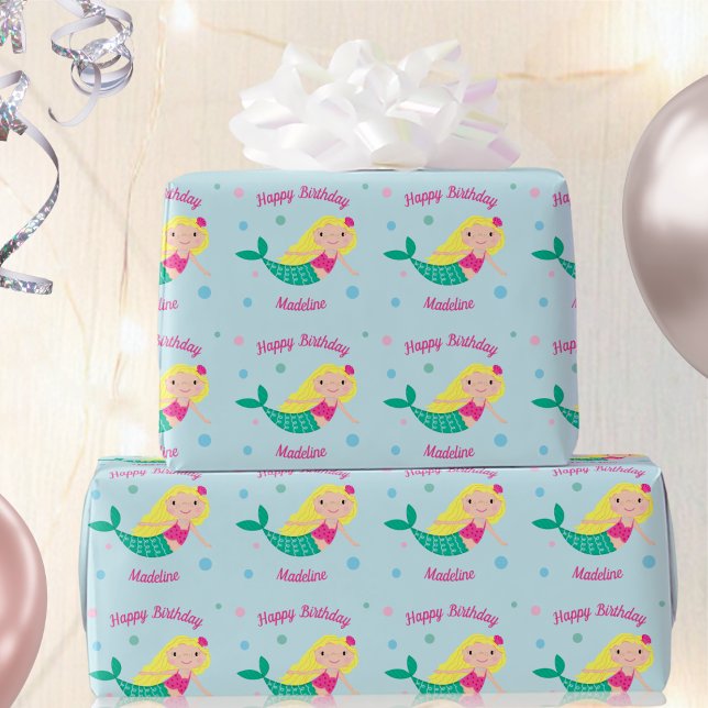 Cute Mermaid Blue Personalised Birthday Wrapping Paper (Creator Uploaded)
