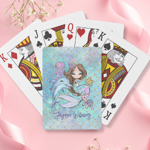 Cute Mermaid Brown Hair Custom Name Girl Birthday Playing Cards