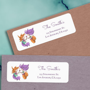 Cute Mermaid Couple Rose Return Address Label